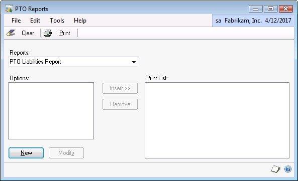 Screenshot that shows the PTO Report Options window.