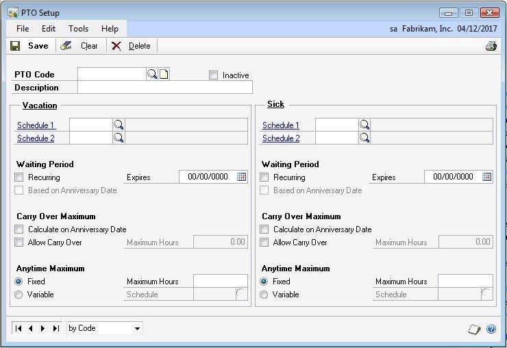 Screenshot that shows the PTO Setup window.
