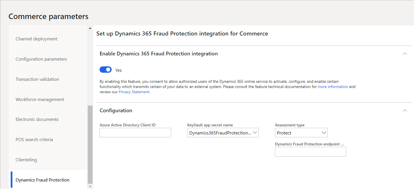 Retail パラメーターでの Fraud Protection 設定。