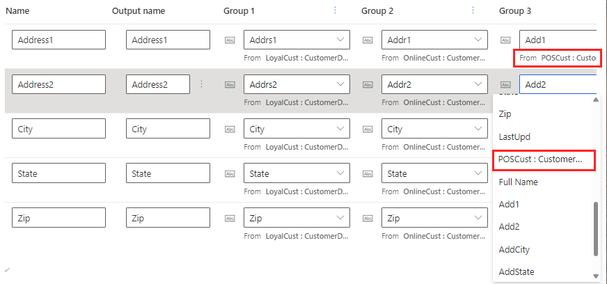 グループ ドロップダウンとデータ ソースが強調表示されたフィールドのグループの結合画面。