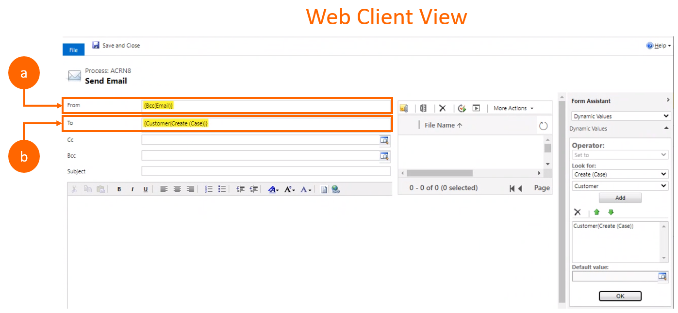 ワークフローに 2 つの活動関係者タイプ属性 (From と To) がある移行前 Web クライアント ビューのスクリーンショット。