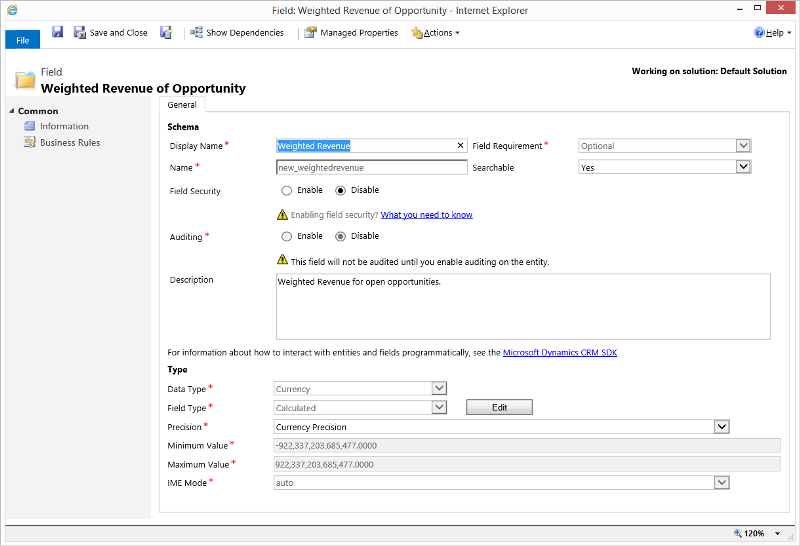 Dynamics 365 for Customer Engagement の営業案件の加重収益。