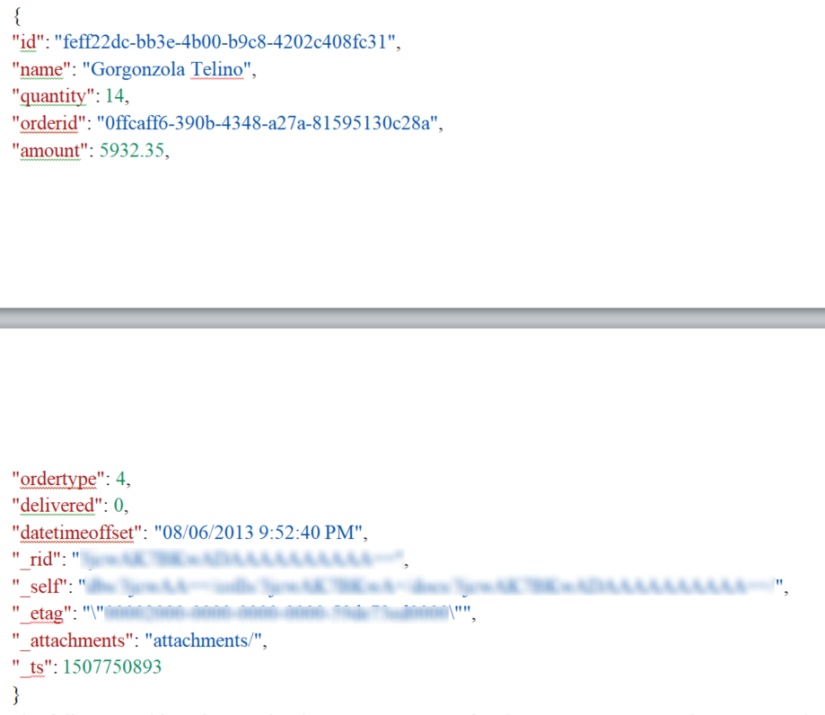 SQL API ドキュメント用の JSON の例。