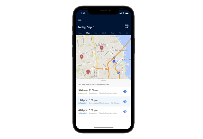 Field Service モバイル アプリの地図上の予約のスクリーンショット
