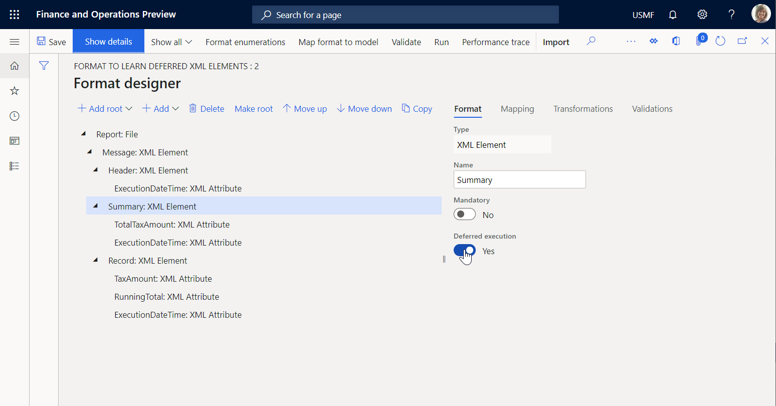 [書式] デザイナー ページの [Summary XML 要素] の [Deferred execution]\(遅延実行\) オプションのスクリーンショット。