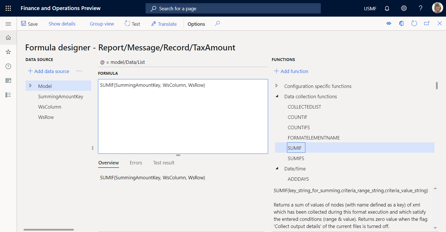 SUMIF 式のスクリーンショット。