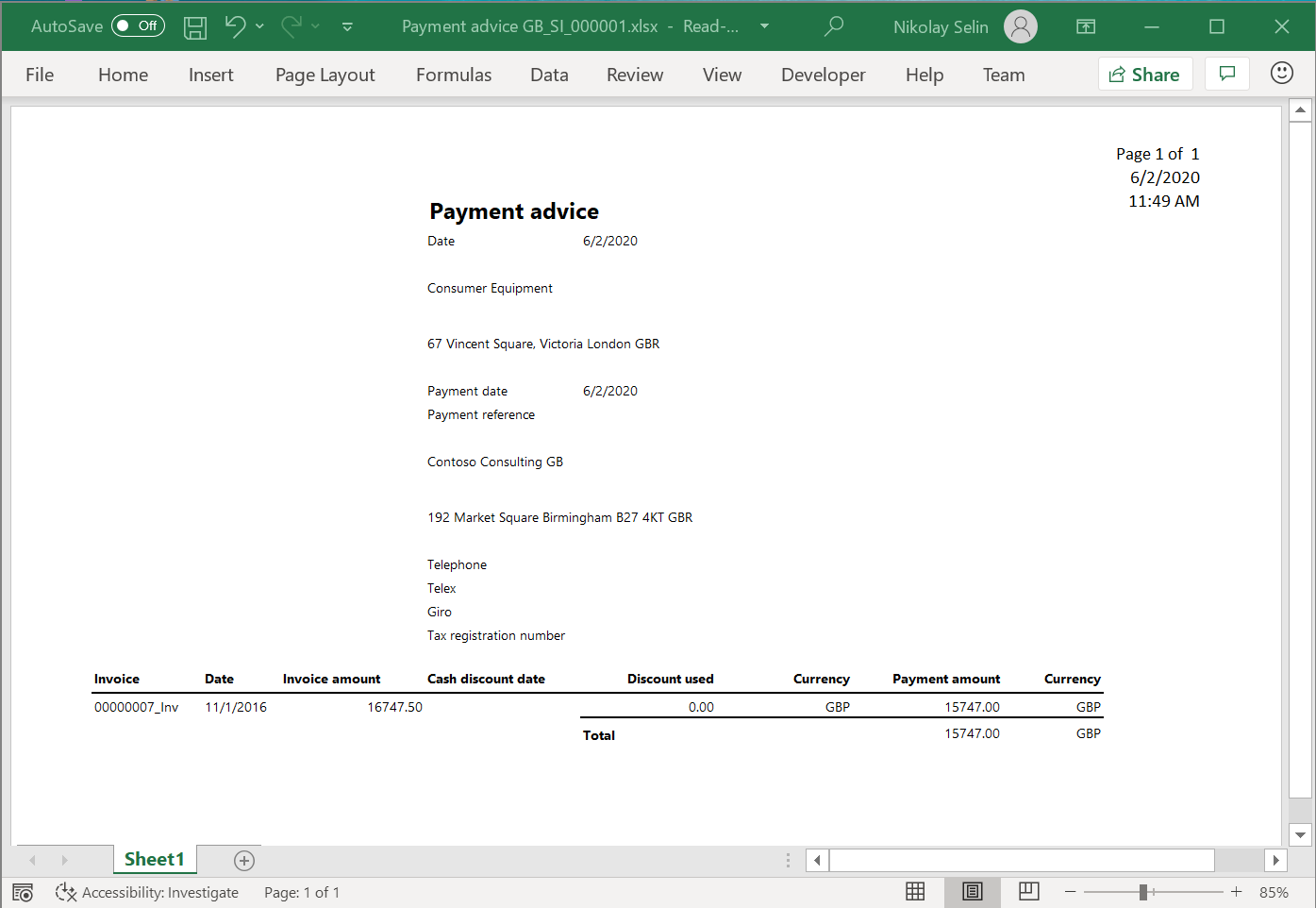 Excel 形式の支払通知レポート。