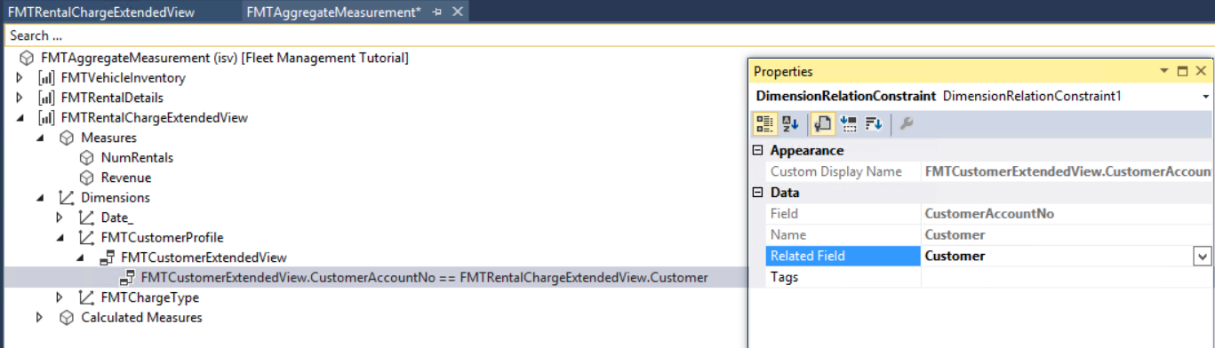 DimensionRelationConstraint のプロパティ ウィンドウ。