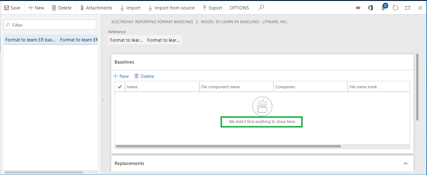 [電子レポート形式のベースライン] ページのスクリーンショット。ルールはまだありません。