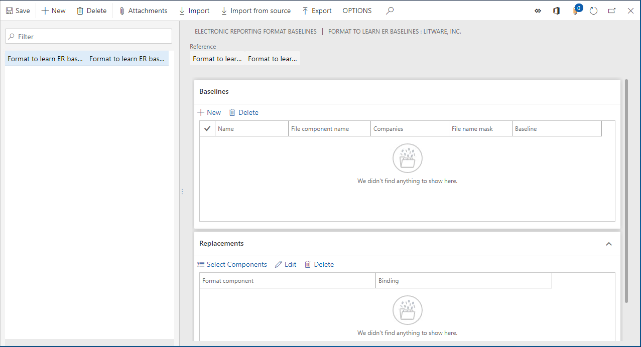 削除後の [電子レポート形式の基準計画] ページのスクリーンショット。