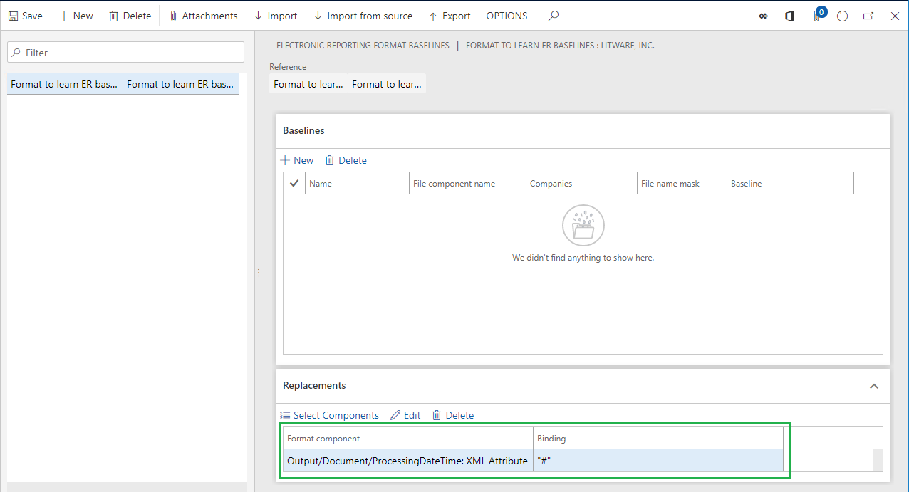 コンポーネントが選択されている [電子レポート形式のベースライン] ページのスクリーンショット。