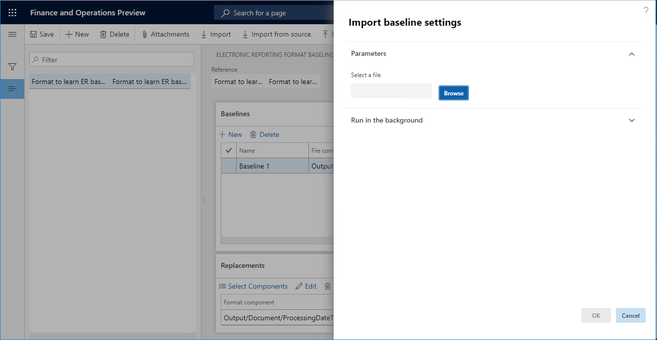 [ベースライン設定のインポート] ダイアログ ボックスのスクリーンショット。
