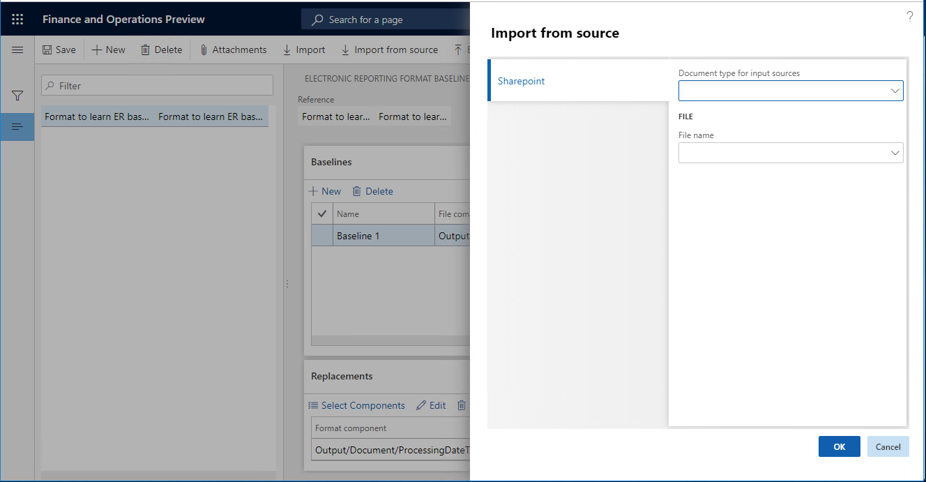 [ソースからインポート] ダイアログ ボックスのスクリーンショット。