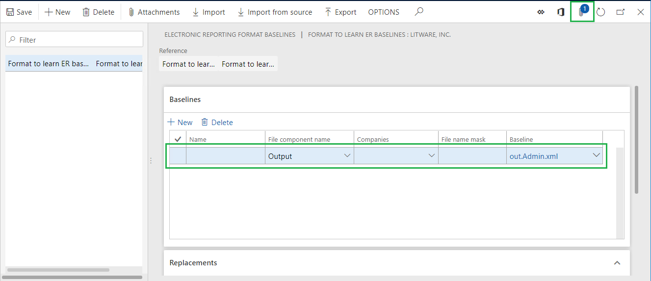 ベースラインが選択された電子申告書フォーマットの基準ページのスクリーンショット。