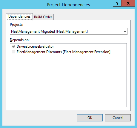 Visual Studio のビルド順序を示す [プロジェクトの依存関係] ダイアログ ボックスのスクリーンショット。