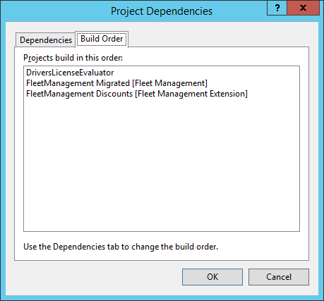 Visual Studio のプロジェクトの依存関係を示す [プロジェクトの依存関係] ダイアログ ボックスのスクリーンショット。