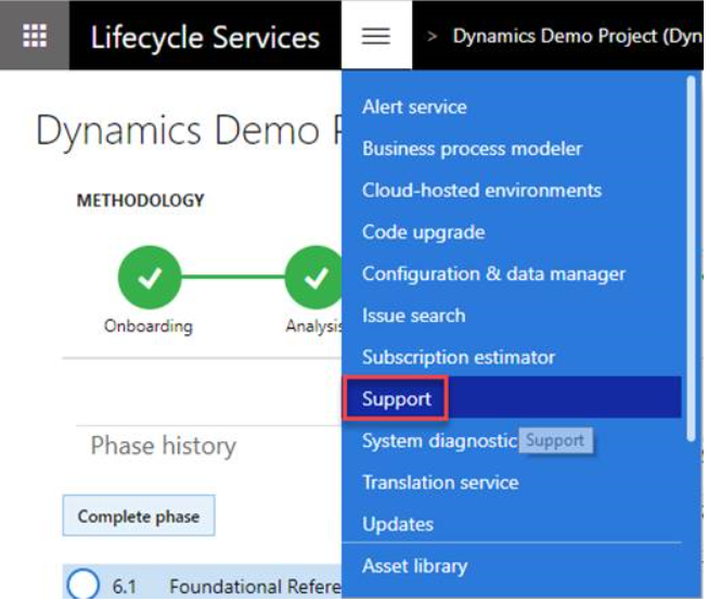 Dynamicsのデモ画面のスクリーンショット。サポート オプションを強調表示します。