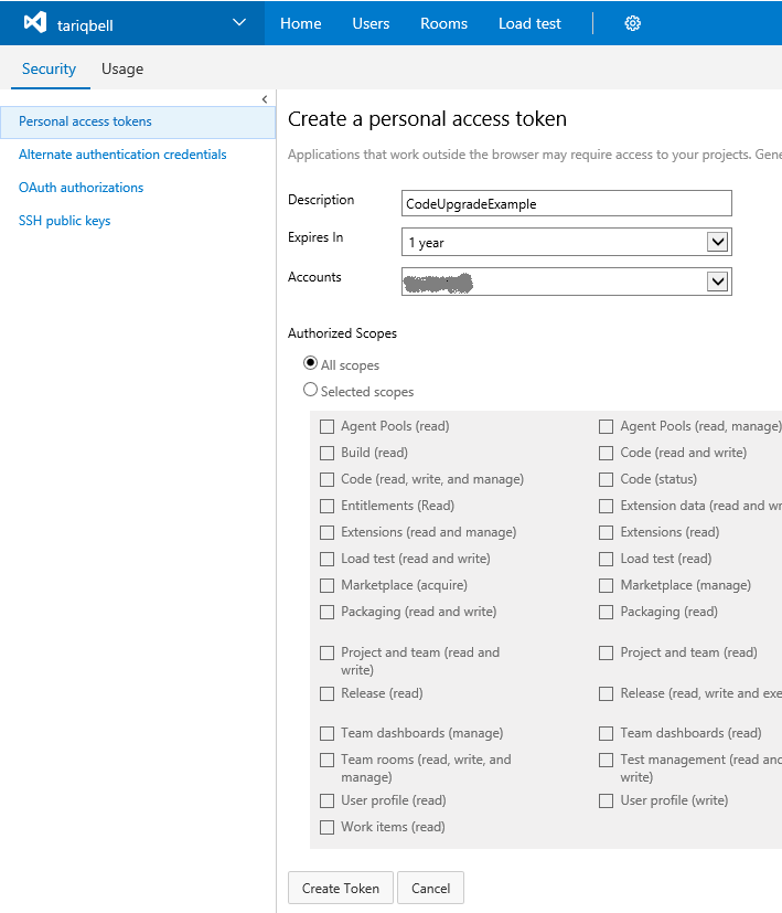 [Code upgrade create token]\(コード アップグレードトークンの作成\) ページのスクリーンショット。