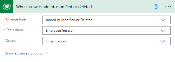 Microsoft Dataverse コネクタの行が追加、変更または削除されるというトリガー。