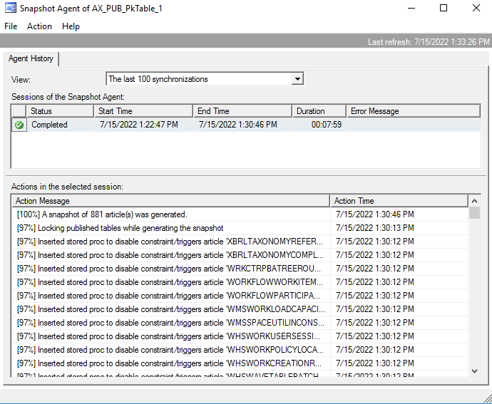 スナップショット エージェント ウィンドウにスナップショット生成メッセージを示すスクリーンショット。