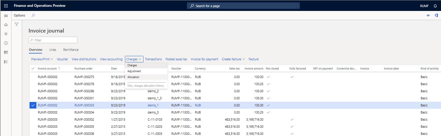 Invoice journal page, Charges drop-down.