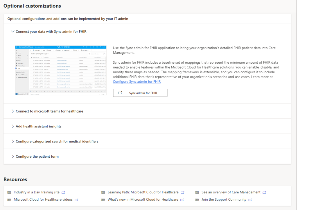 Optional customizations and resources in the get started experience for Care management.