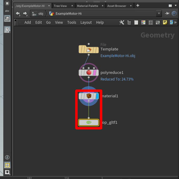 material1 ノードから rop_gltf1 ノードへの接続。