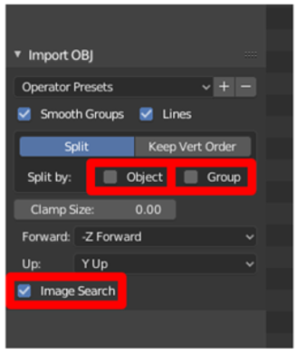 Import OBJ 設定 Import OBJ 設定。