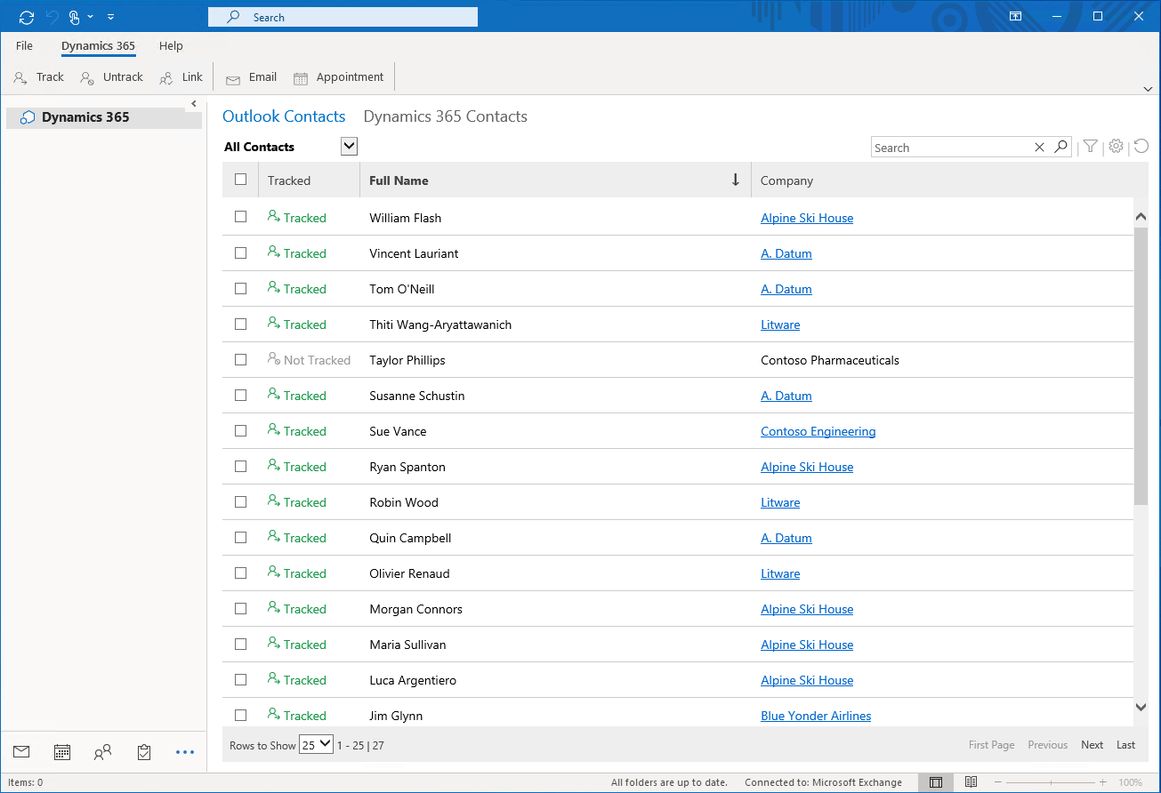 アプリで Outlook 連絡先を追跡する方法のデモ。