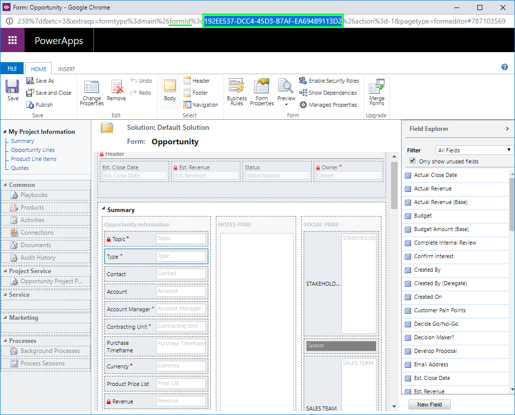 URL 内の新しいフォームの formId 値。