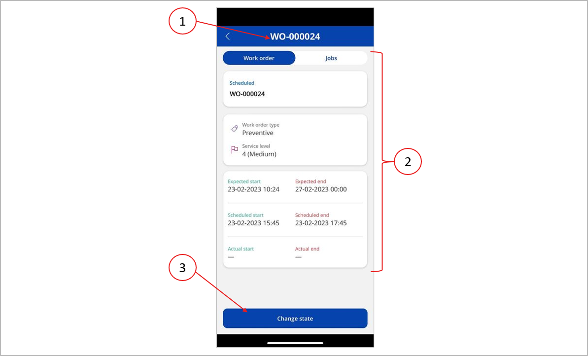 作業指示書の詳細ページの UI 要素 作業指示書の詳細ページの UI 要素。