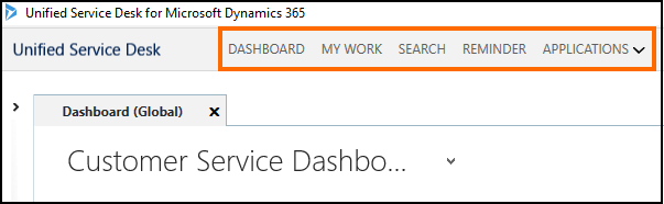 Unified Service Desk のメイン ツールバー Unified Service Desk のメイン ツールバー。