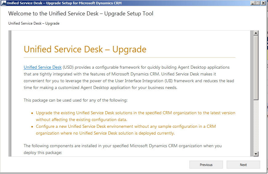 Unified Service Desk のアップグレードの詳細。