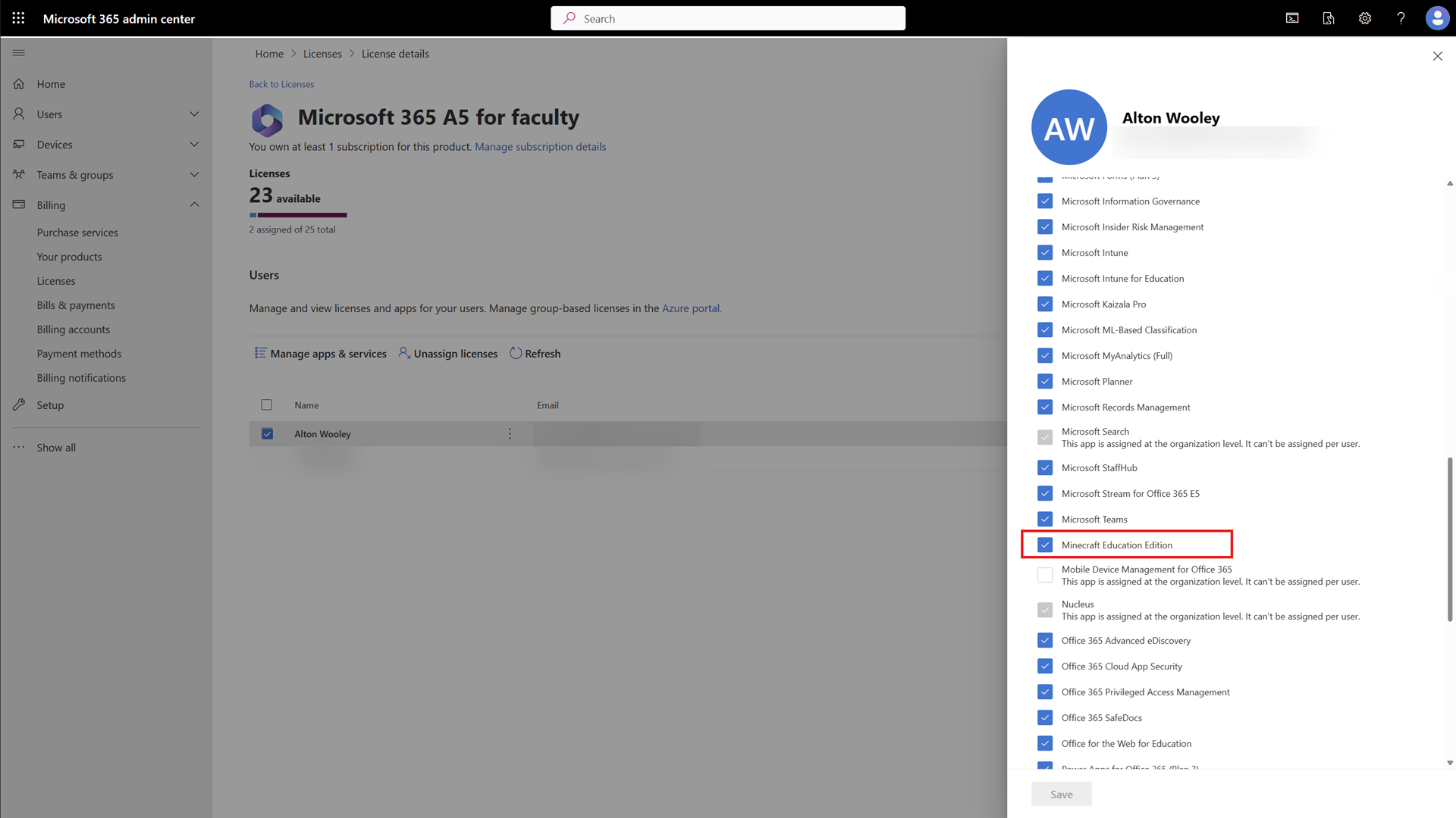 Zuweisen von Minecraft Education Lizenz an Benutzer -microsoft 365 Screenshot des Management Centers