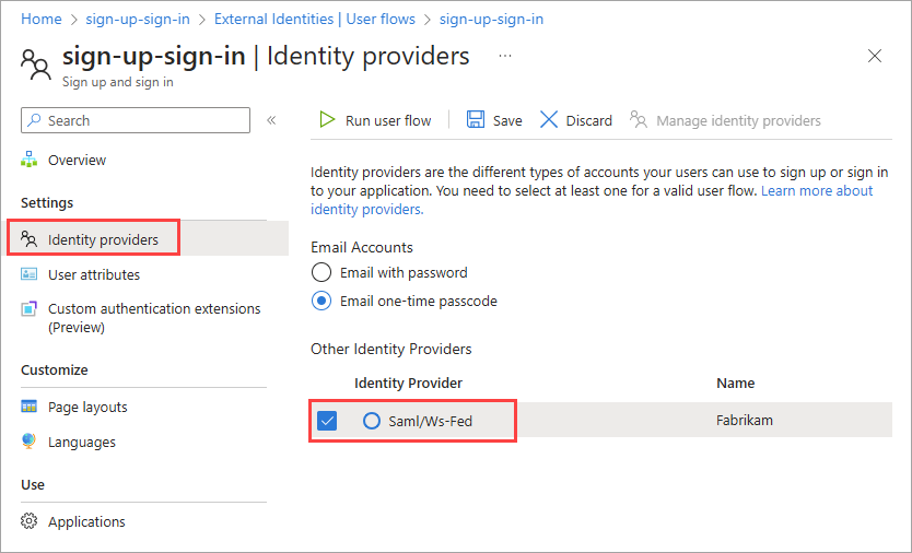 [SAML WS-Fed] ページで ID プロバイダーを選択する方法を示すスクリーンショット。