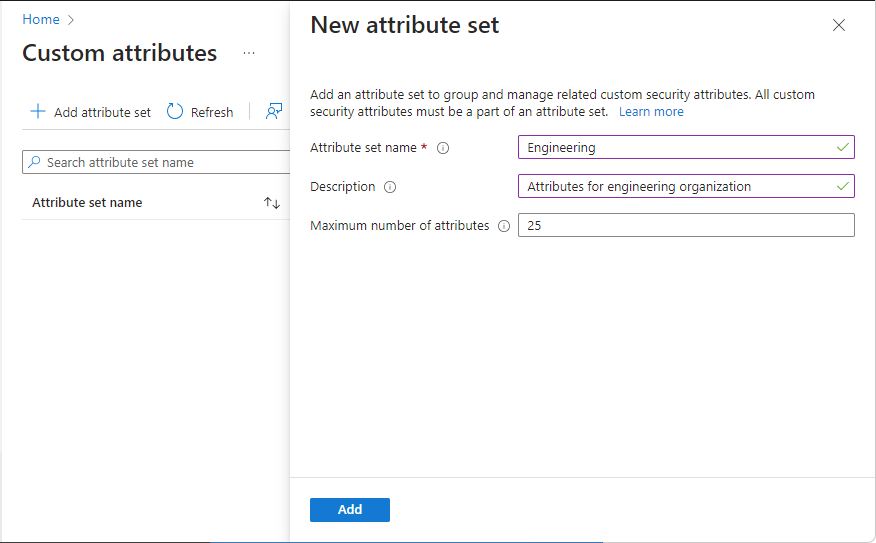Screenshot of New attribute set pane in Microsoft Entra admin center.