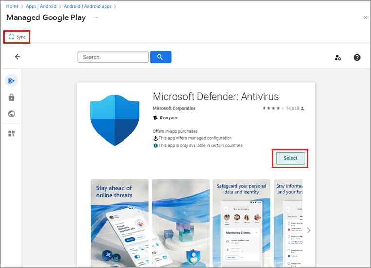 [同期] ボタンが強調表示されている Defender アプリの詳細のスクリーンショット。