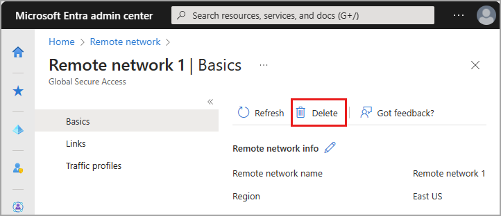 リモート ネットワークの削除を示すスクリーンショット。