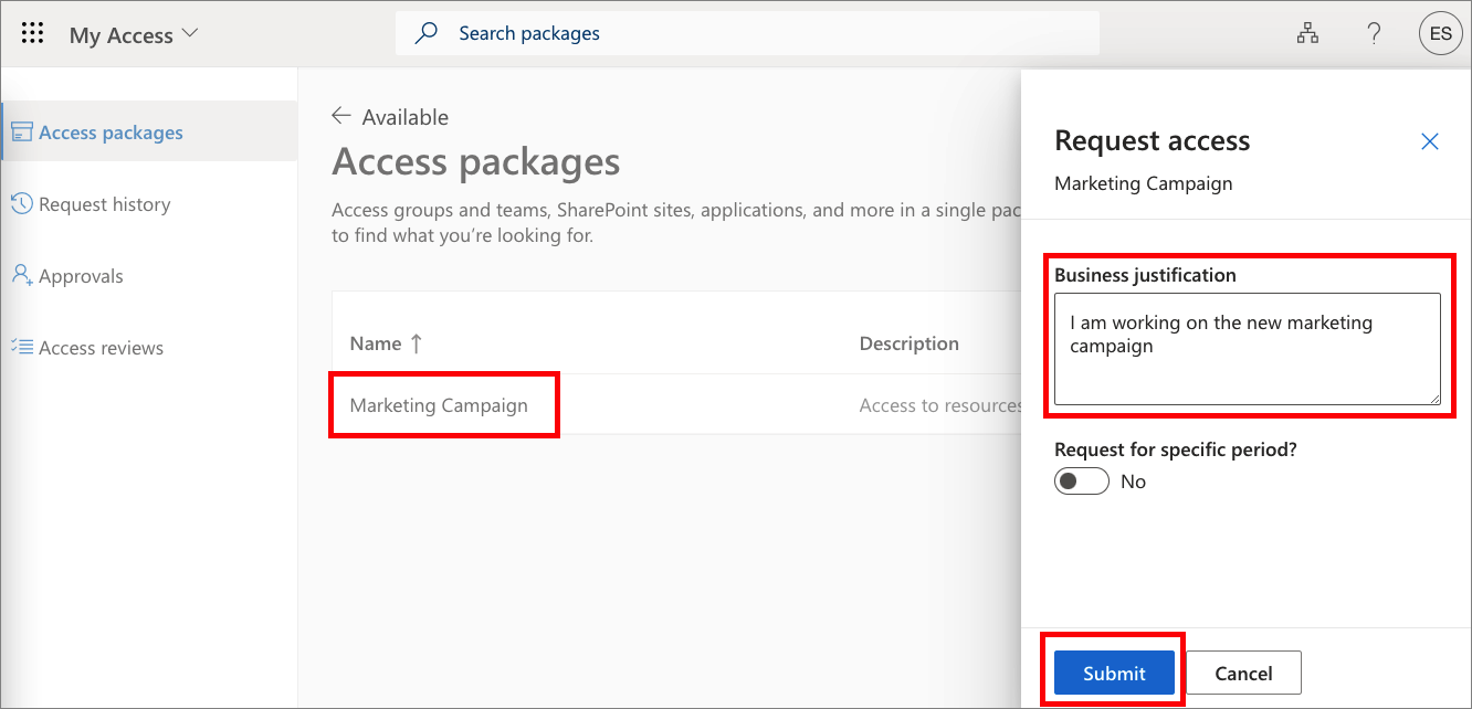 Screenshot of the My Access portal listing the access packages.