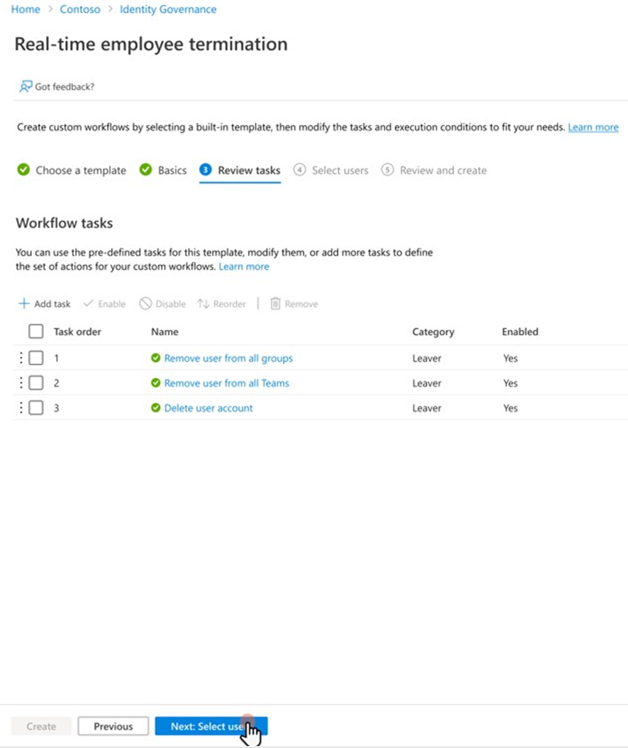 テンプレートの確認タスクのタブのスクリーンショット。