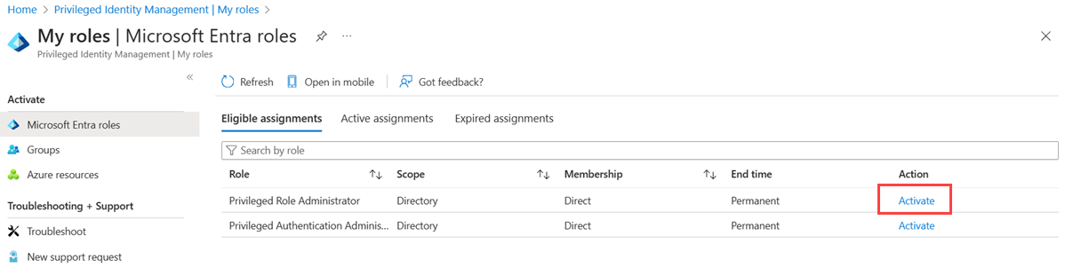Microsoft Entra roles - My eligible roles list