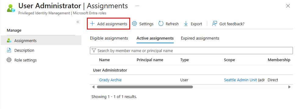 The Add assignment command is available when you open a role in the portal