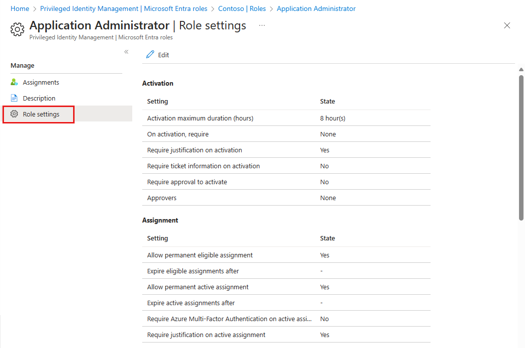 Screenshot that shows the Role settings page with options to update assignment and activation settings.
