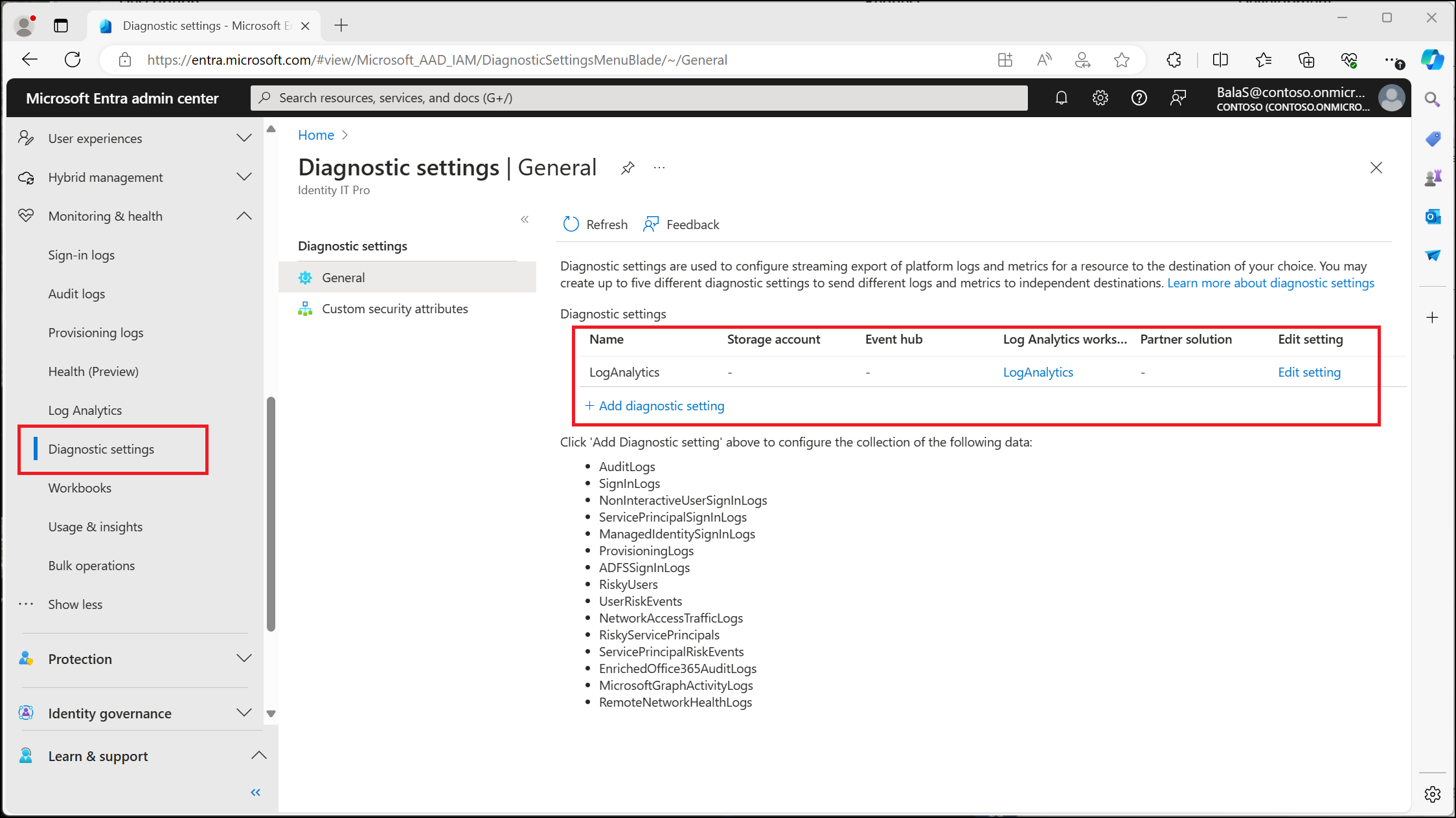 Diagnostic settings screen in Microsoft Entra ID showing existing configuration