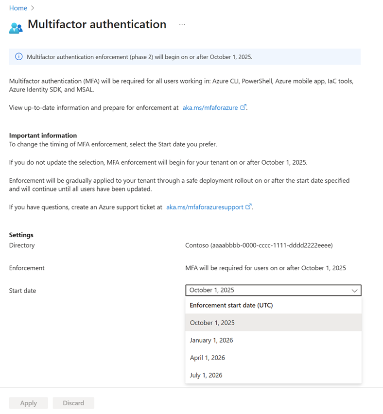 フェーズ 2 の必須 MFA を延期する方法のスクリーンショット。