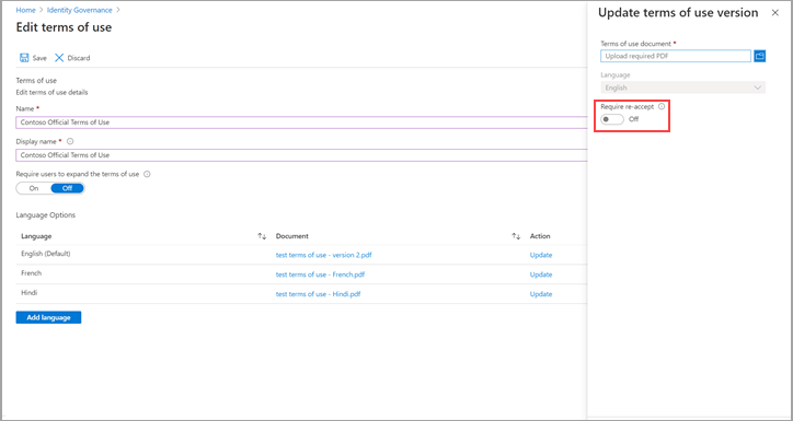 再同意オプションが強調表示された使用条件の編集ウィンドウを示すスクリーンショット。