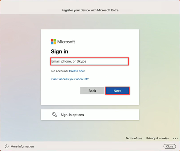 Microsoft でのサインインを求める登録ウィンドウのスクリーンショット。