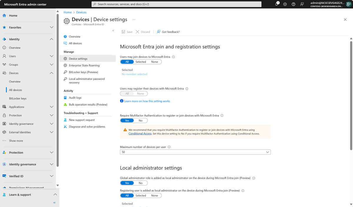 Screenshot that shows device settings related to Microsoft Entra ID.