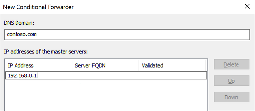 DNS サーバーの条件付きフォワーダーを追加して構成する方法を示すスクリーンショット。