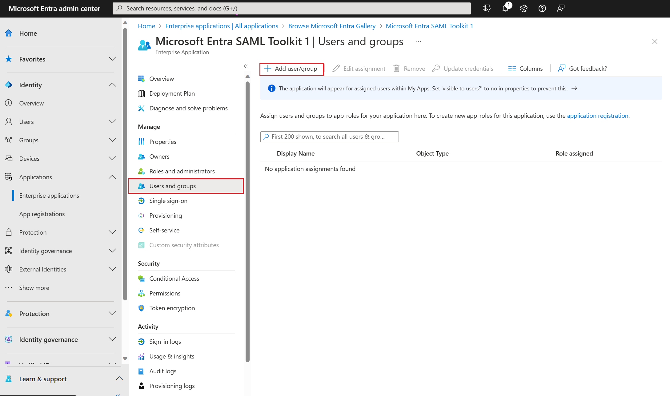 Microsoft Entra テナントのアプリケーションにユーザー アカウントを割り当てる。